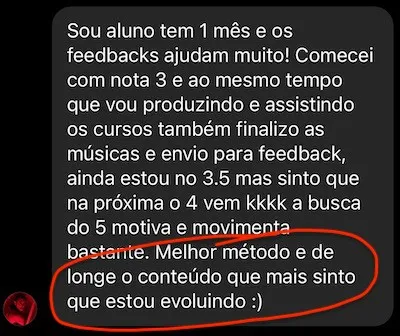 Aluno com 1 mês de comunidade conta que saiu da nota 3 para 3,5 nos feedbacks e que é o método com que mais sente evolução.