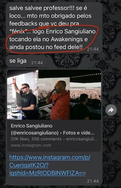 Aluno teve a faixa Fênix tocada pelo Enrico Sangiuliano no Awakenings, e o artista ainda postou no próprio feed.