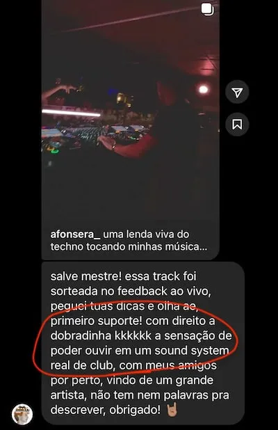 Aluno teve a track sorteada no feedback ao vivo, conseguiu o primeiro suporte e ouviu a música num sound system de club.