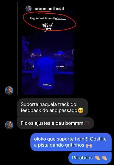 Story da Urannia Official dando suporte a uma track de aluno saída do feedback do ano anterior.
