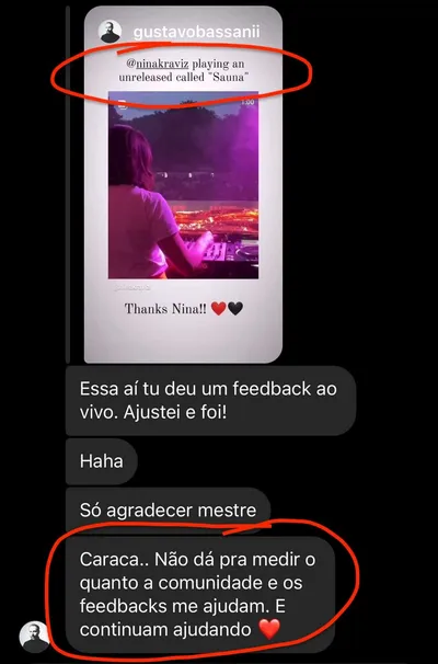 Story do Gustavo Bassani tocando a faixa inédita Sauna, de aluno, que credita o resultado ao feedback ao vivo.